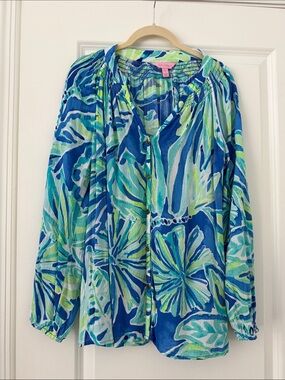 Lilly Pulitzer Blue & Green Floral Blouse Med